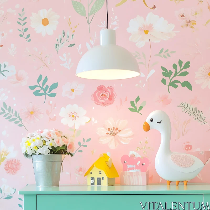 AI ART Pink Floral Wallpaper with Decorative Accents