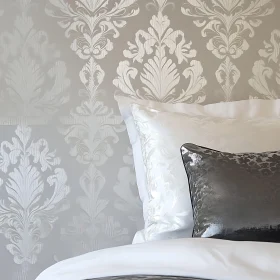 Serene Bedroom with Damask Wallpaper