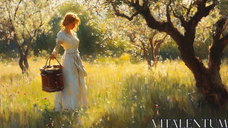 Sunlit Meadow with Woman in White AI Image