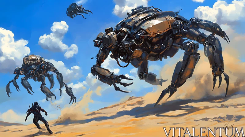 Sci-Fi Chase Scene with Giant Robots AI Image