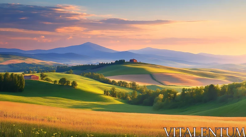 Green Hills and Sunset Landscape AI Image