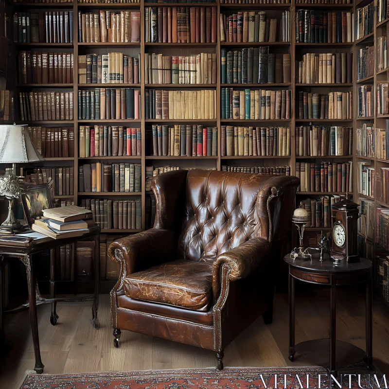 Cozy Library with Leather Armchair AI Image