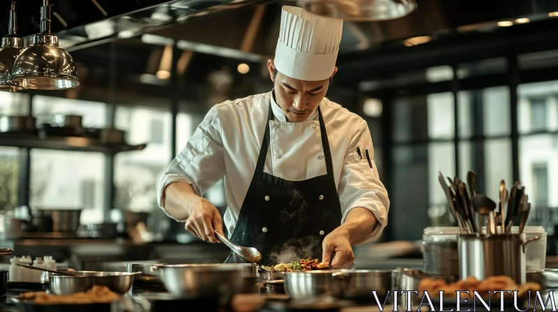 Chef at Work in a Restaurant Kitchen AI Image