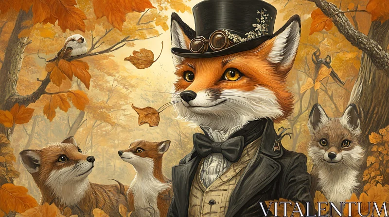 Foxes in Autumnal Forest with Steampunk Theme AI Image