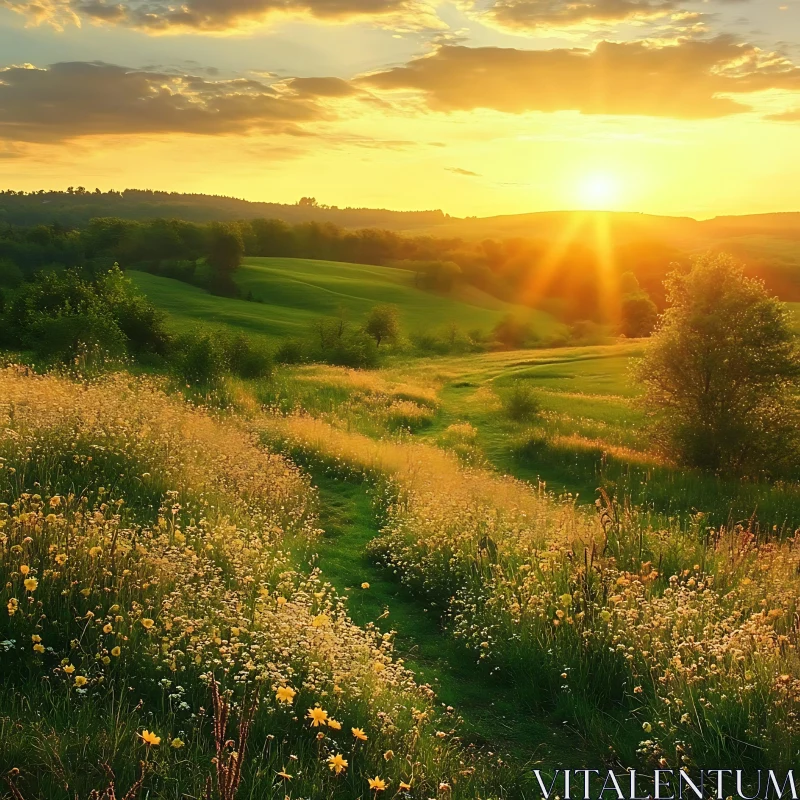 Sunset Over Flower Meadow AI Image