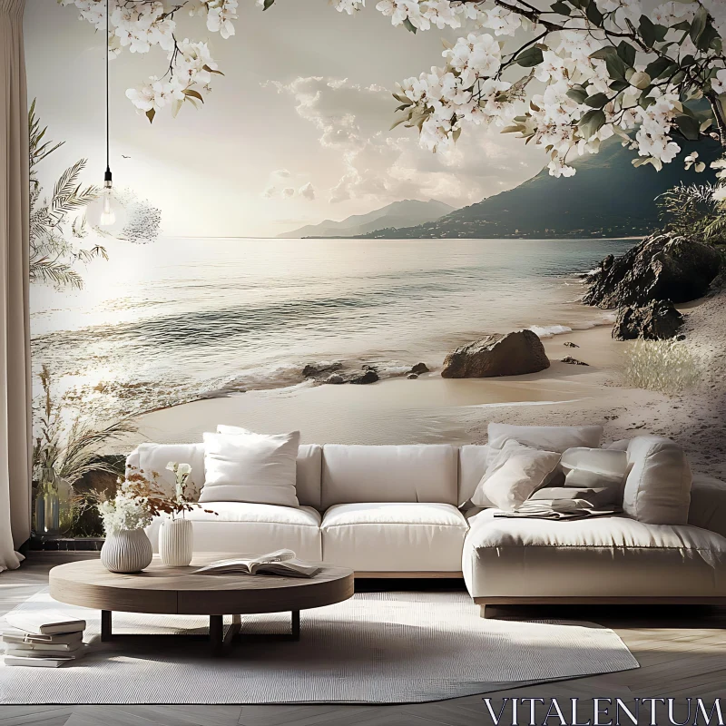 Beach Interior Design with Blossoms AI Image