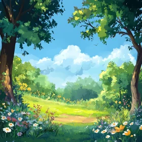 Idyllic Nature Scene: Flowers, Meadow, and Sky