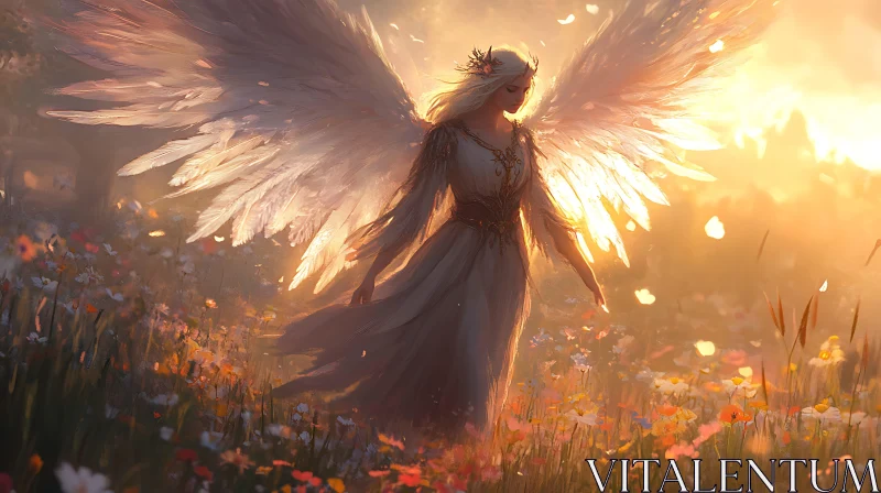 AI ART Winged Angel Among Flowers