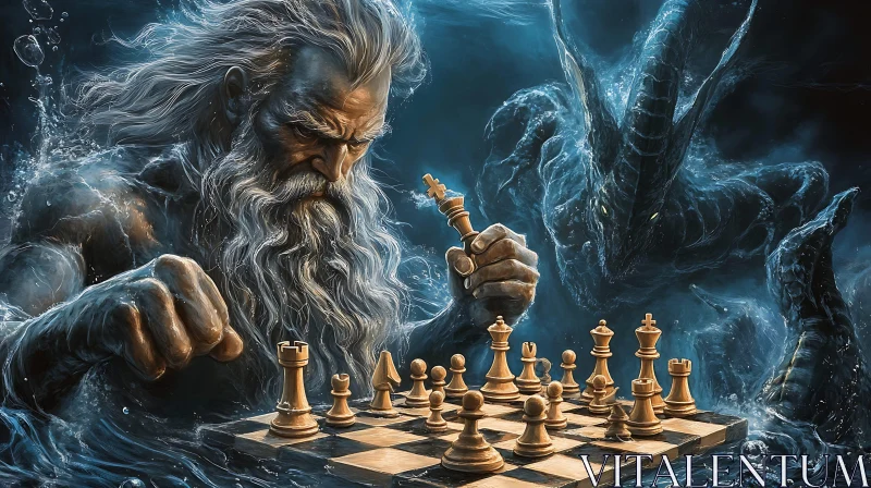 Poseidon Playing Chess Against the Deep AI Image