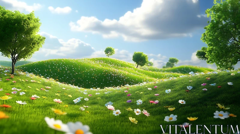 Flowery Meadow under Blue Sky AI Image