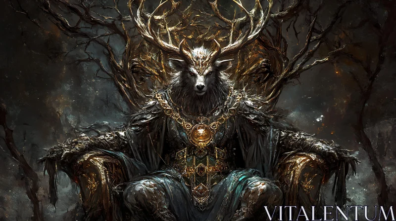 Enthroned Mythical Creature with Antlers AI Image