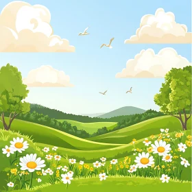 Cartoon Landscape with Flowers