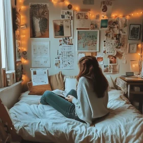 Woman Reading in Warmly Lit Room