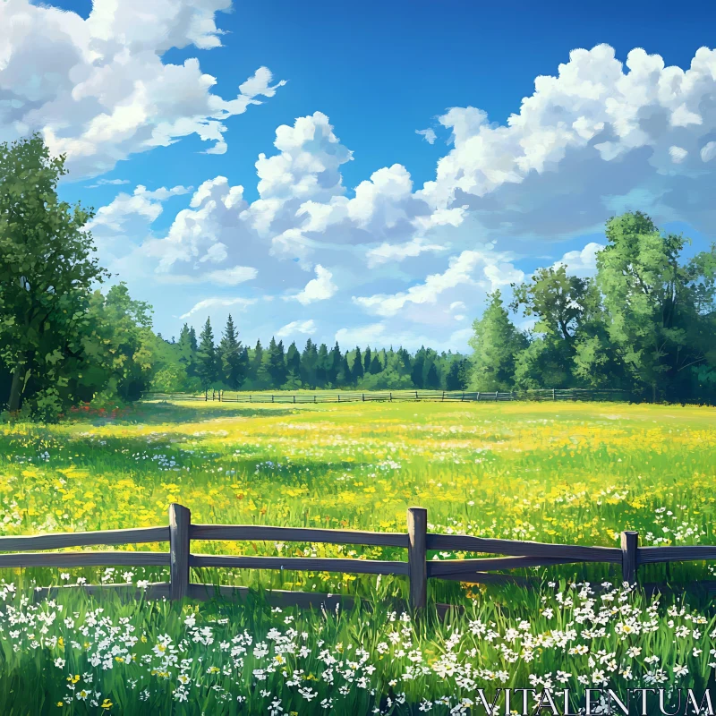 Peaceful Meadow with Wildflowers and Fence AI Image