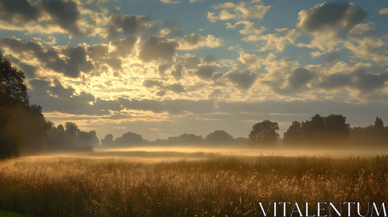 Misty Morning Meadow at Sunrise AI Image