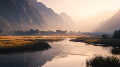 Tranquil Valley Sunset with Flowing River