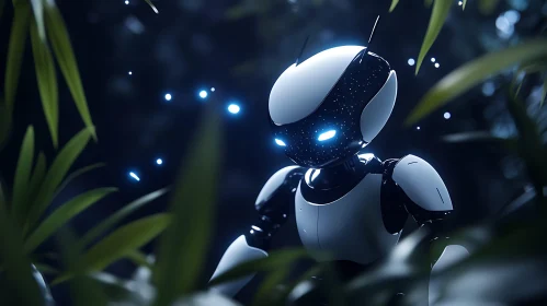 Futuristic Robot among Green Leaves