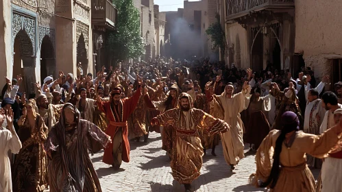 Festive Crowd Scene in Ancient City