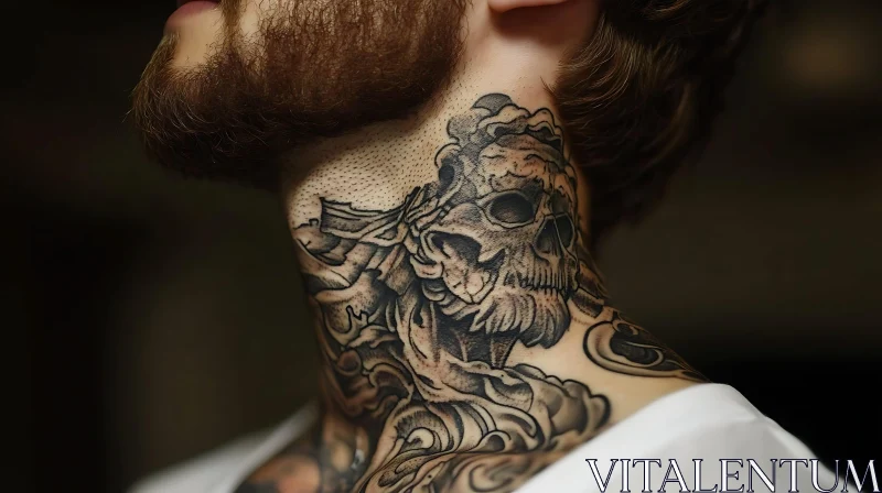 Black Ink Skull Tattoo on Neck AI Image