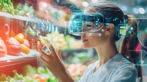 Woman using VR in a supermarket
