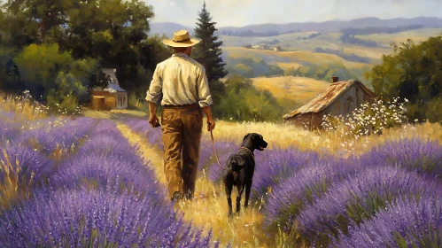 Man and Dog Stroll Through Lavender