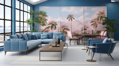 Blue and Pink Living Room with Palm Tree Accents and Mountainous Vistas
