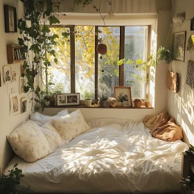 Cozy Bedroom with Plants and Sunlight
