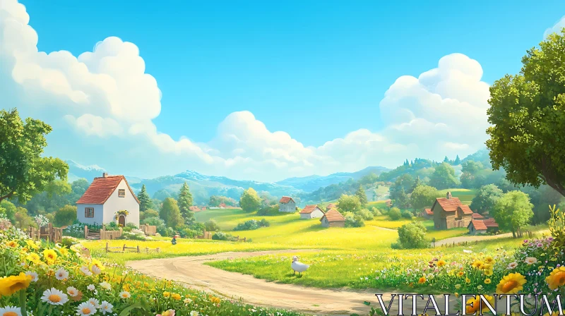 Peaceful Rural Landscape with Flower Field AI Image