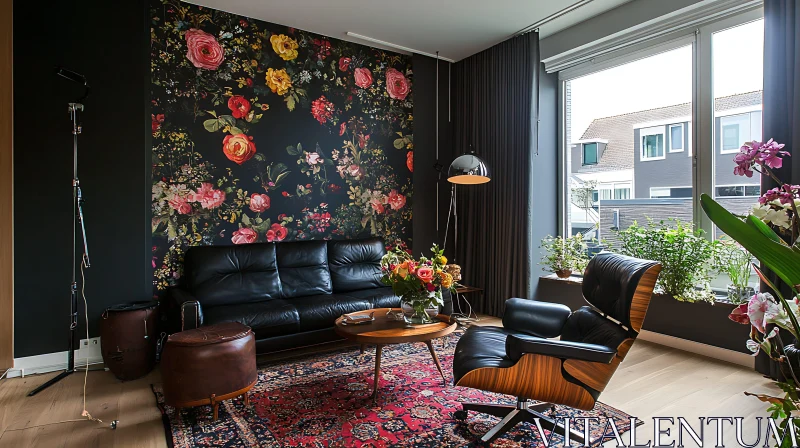 Cozy Interior with Floral Wallpaper and Leather AI Image