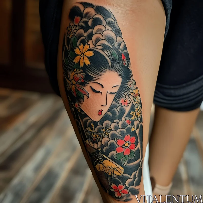 Japanese Geisha Leg Tattoo with Floral Motifs AI Image