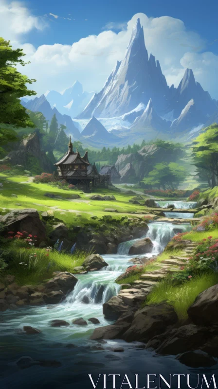Captivating Mountain Village Scenery in the Forest | Enchanting Fairytale-inspired Art AI Image