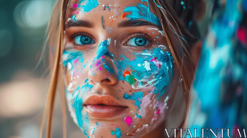 Captivating Portrait of a Woman with Blue Eyes and Colorful Paint AI Image