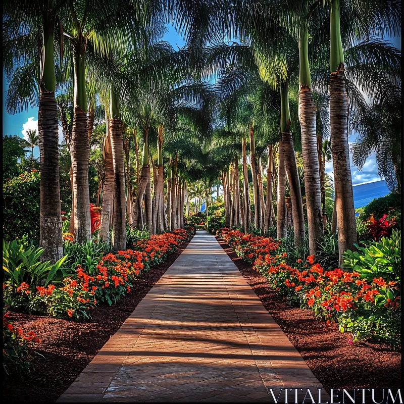 Serene Tropical Palm Tree Flower Path AI Image