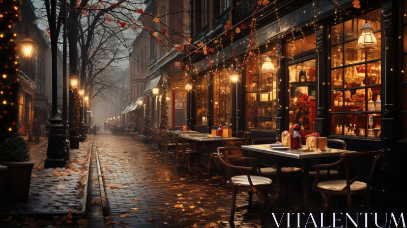 City Street Night Scene: A Romantic, Misty Atmosphere with Outdoor Dining AI Image