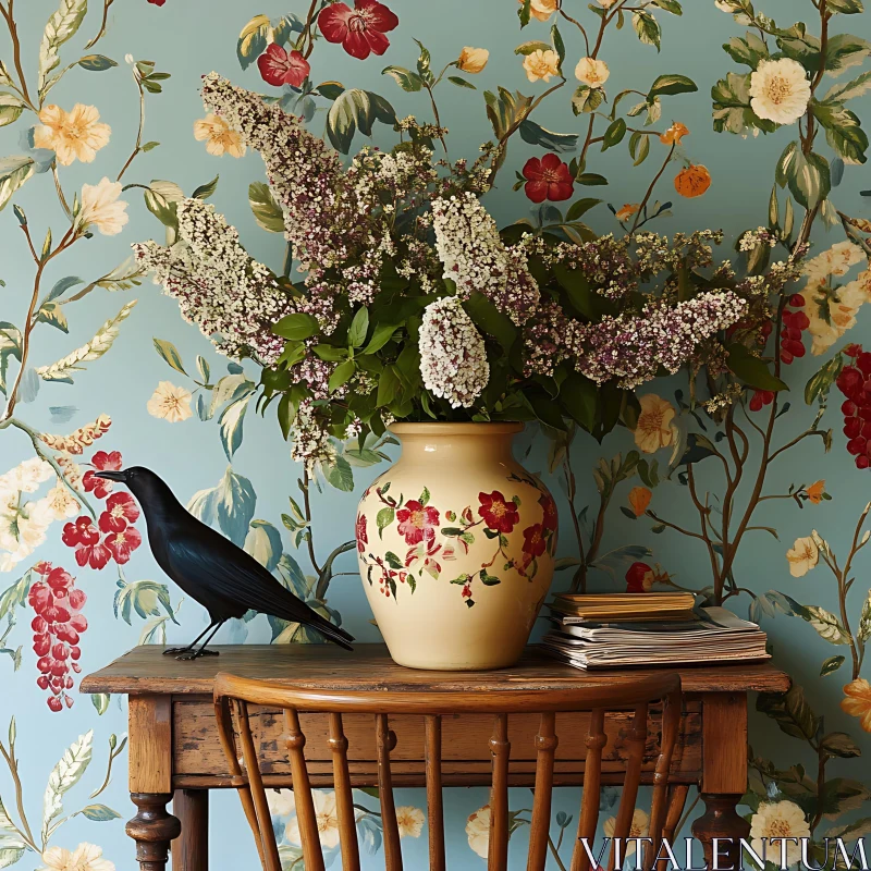 AI ART Flowers and Bird on Wooden Table