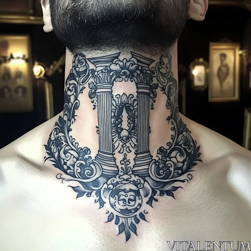 Elegant Neck Tattoo Design with Classical Elements AI Image