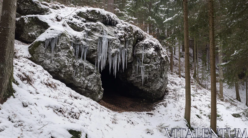 AI ART Winter Cave in a Snowy Forest