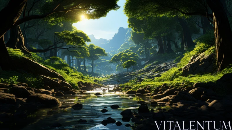 Enigmatic Tropical Mountain Stream in Luminous 3D Artistry AI Image