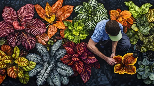 Man tending to colorful potted plants