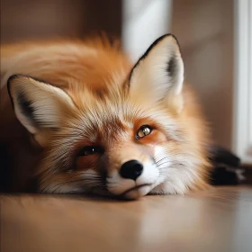 Resting Fox on Wooden Floor