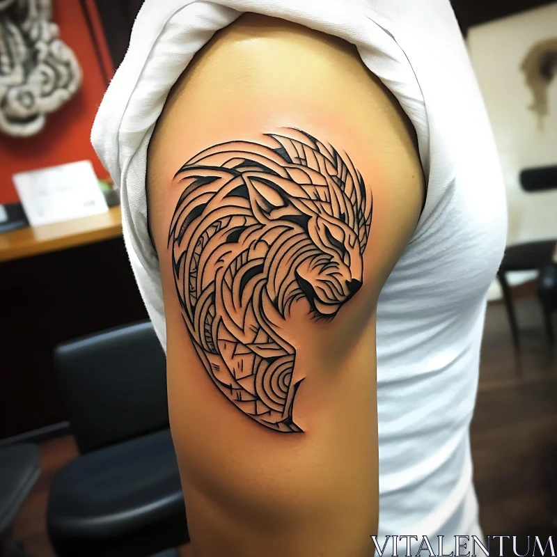 Fierce Geometric Lion Upper Arm Tattoo AI Image