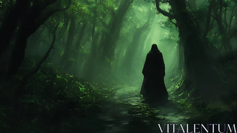 Cloaked Figure in a Dense Forest AI Image