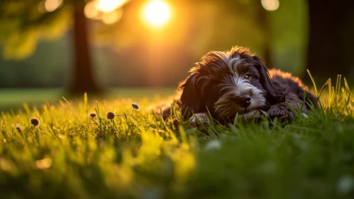 Sunset Serenity: Puppy Resting in Grass