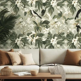 Botanical Wallpaper and Sofa Interior Design