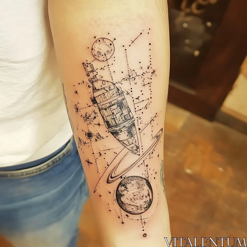 Space-Inspired Forearm Tattoo with Cosmos Elements AI Image