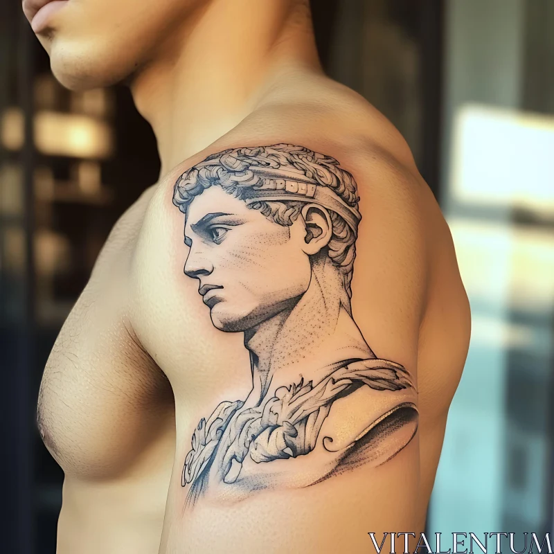 Detailed Classical Bust Tattoo on Man's Arm AI Image