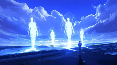 Blue Sky Ascension: Surreal Figures Art