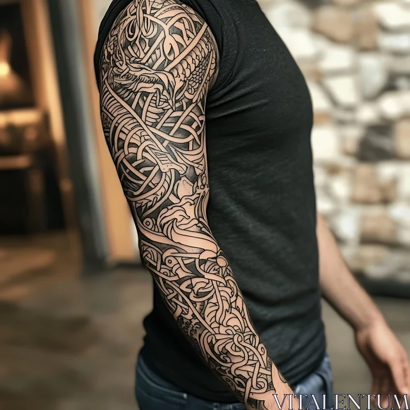 Intricate Black Ink Sleeve Tattoo AI Image