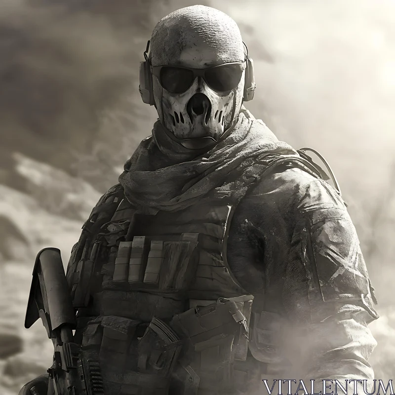 Monochrome Military Character Skull Mask AI Image