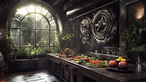 Industrial Kitchen with Garden View